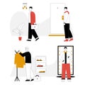 Vector linear character illustration of getting dressed and undressed Royalty Free Stock Photo