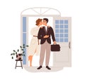 Man going to work. Wife kissing husband office worker, seeing off at home door. Businessman leaving house. Love family Royalty Free Stock Photo