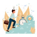 Man going upstairs, personal productivity, time management concept. Composition in flat style stock vector illustration.