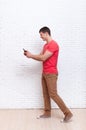 Man Going Using Cell Phone Smartphone Social Network Communication