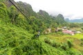 Man going on zipline adventure through the forest in Lao