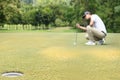 Man golfer check line for putting golf ball on green grass Royalty Free Stock Photo