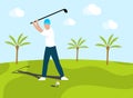 Man golfer putting on golf course and around grow palms. Human playing in golf on outdoors, vector design