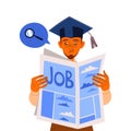 Man in Graduation Cap Searching fot Job in Newspaper as Mass Emigration Vector Illustration