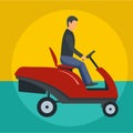 Man at grass cutting machine icon, flat style