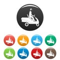 Man at grass machine icons set color