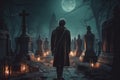 Man graveyard gothic night. Generate Ai Royalty Free Stock Photo