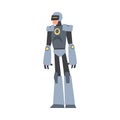 Man in Gray Robot Costume, Cyborg or Superhero Character, Carnival Party or Masquerade Cartoon Style Vector Illustration Royalty Free Stock Photo