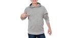 Man in gray sweatshirt point template background on clothes isolated. Male sweatshirts set with mockup and copy space. Hoody