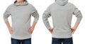 Man in gray sweatshirt template isolated. Male sweatshirts set with mockup and copy space. Hoody design. Hoodie front and back