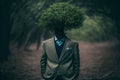 Man in green business jacket green lush bush instead of head is standing in the park. The concept strangeness pretend disguise,