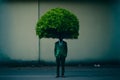 Man in green business jacket stands full height green lush bush instead head standing in street. The concept strangeness pretend