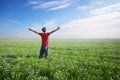 Man in green meadow.