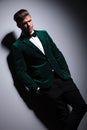 Man in green suit with bow tie looks at the camera Royalty Free Stock Photo