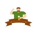 A man in a green T-shirt is holding a beer. Oktoberfest ribbon. flat style illustration.