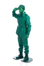 Man on a green toy soldier costume Royalty Free Stock Photo