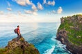 Man greeting nature on the top of mountain Royalty Free Stock Photo