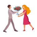 An elegant man in a grey suit gives a blonde woman a bouquet. Vector illustration in flat cartoon style.