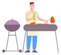 Man grill meat on barbecue. Person cooking outdoor