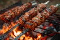 Man grills shish kebab over flames, sizzling with deliciousness