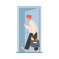 Man with grocery bag enters the door, flat cartoon vector illustration isolated.