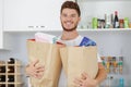 Man with grocery bag in kitchen room Royalty Free Stock Photo