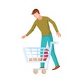 a man with a grocery cart in which he puts groceries, flat, isolated object on a white background, vector