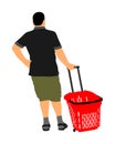 Man in grocery with shopping basket at supermarket, vector. Royalty Free Stock Photo
