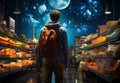 Man grocery shopping at supermarket. A man with a backpack is looking at a display of food Royalty Free Stock Photo