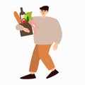 man at grocery store. Shopping concept. Cartoon young man making purchases. Isolated cute man carrying bags with food