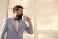 Man groom drinking coffee early in morning. Beginning of great day. Important day in his life. Get ready. Enjoy every Royalty Free Stock Photo