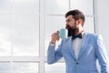 Man groom drinking coffee early in morning. Beginning of great day. Important day in his life. Get ready. Enjoy every Royalty Free Stock Photo