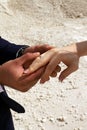 man groom puts an engagement ring on the bride& x27;s finger at a wedding, an exit ceremony Royalty Free Stock Photo