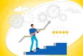 Man with growing schedule rising on step of ladder, stages of successful business project. Flat vector illustration