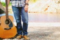 Man and guitar outdoor relax concepts vintage style Royalty Free Stock Photo