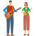 A man with a guitar, a woman with a ukulele.