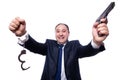 The man with gun and handcuffs on white Royalty Free Stock Photo