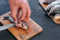 Man gutting a carp fish. Cooking fish. Hands close-up. Royalty Free Stock Photo