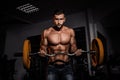 Man in gym. Muscular bodybuilder guy doing exercises with barbell. Strong person. Sports background. Young athlete ready Royalty Free Stock Photo