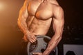 Man in gym. Muscular bodybuilder guy doing exercises with barbell. Strong person with Tense male hand with veins barbell