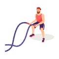 Man at Gym Pulling Rope as Sport Training and Workout Vector Illustration