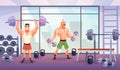 Man in gym. Sport workout in fitness club, muscular men characters, training with dumbbell and barbell. Room with sport Royalty Free Stock Photo