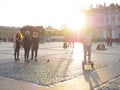 The man on Gyroscooter. People on Gyroscooter rides at sunset on the Palace square, among the tourists in Saint-Petersburg. Russia