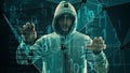 Man hacker binary code and locked padlocks