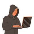 Man Hacker in Hoody at Laptop Breaking Web Site Code Vector Illustration