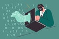 Man hacker penetrates protected space by sticking hand through laptop and stealing confidential data Royalty Free Stock Photo