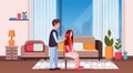 Man with hairbrush combing woman lovers couple preparing happy valentines day holiday celebration modern apartment