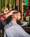 Man hairstylist. Hairdresser cutting hair of male client. Man visiting hairstylist in barbershop. Barber scissors Royalty Free Stock Photo