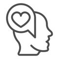 Man half face, head and heart in dialogue box line icon, dating concept, love messege vector sign on white background