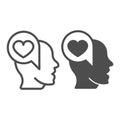 Man half face, head and heart in dialogue box line and solid icon, dating concept, love messege vector sign on white